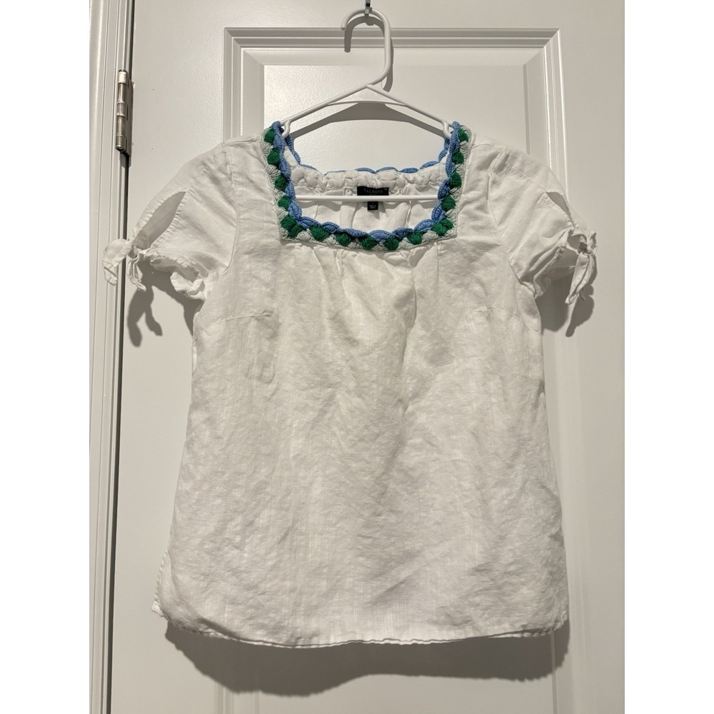 TALBOTS Petites Petite Crochet Trim‎ Linen Top Short Sleeve WHITE